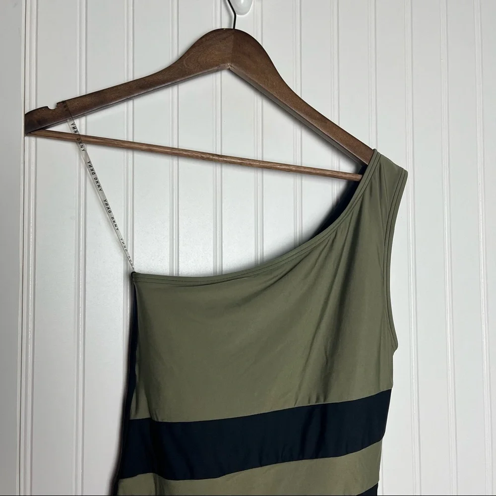 DKNY Olive Green and Black Striped One-Shoulder One-Piece Swimsuit - Picture 2 of 6
